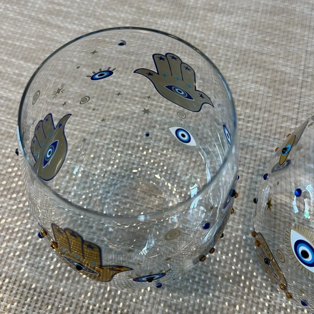 LOVE + LIGHT Wine Glasses Set Of 2 Hamsa Stemless Hamsa Evil Eye Stemless